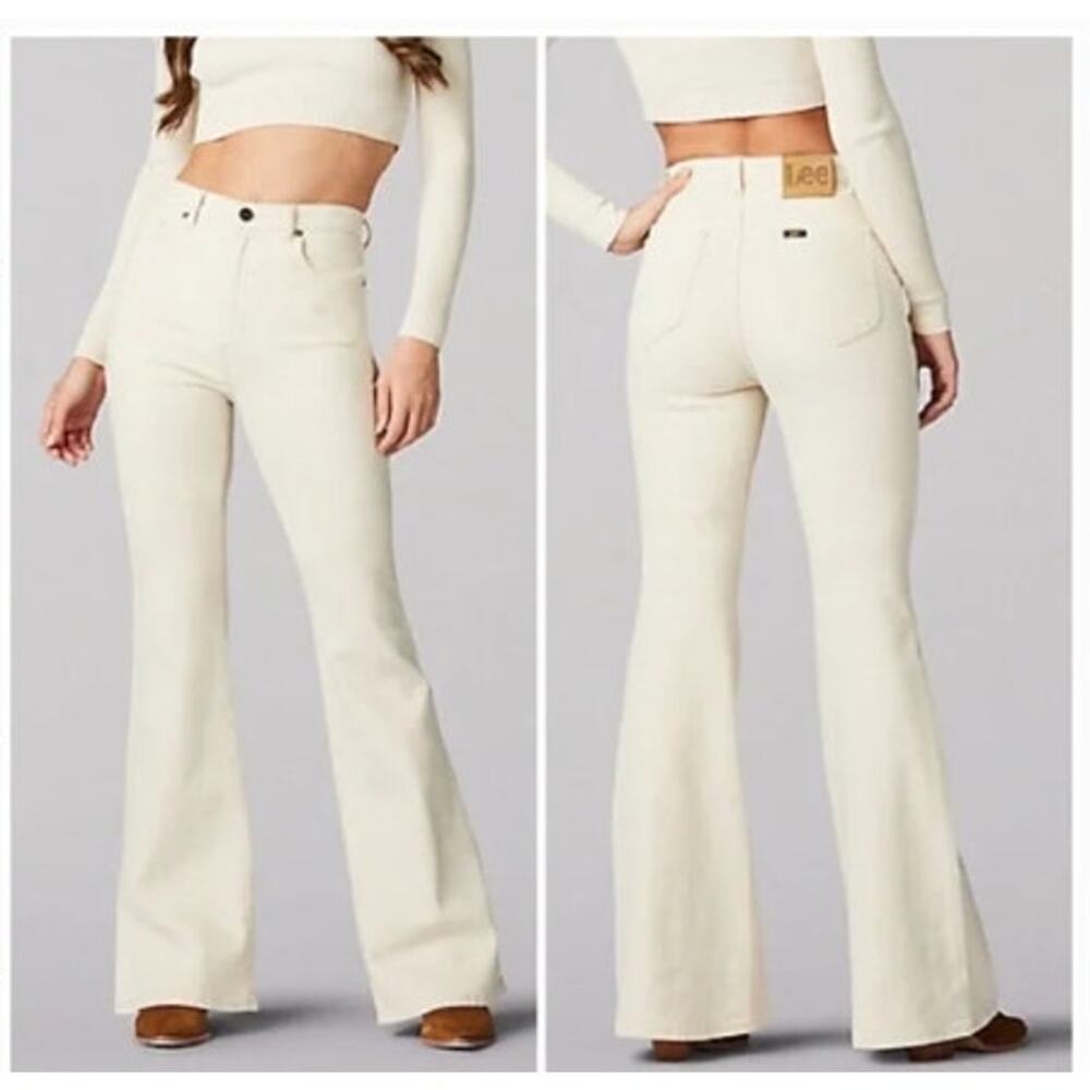 New NWT Lee X Free People High Rise Flare Sparkle White Ecru Jeans‎ Size 32 / 14